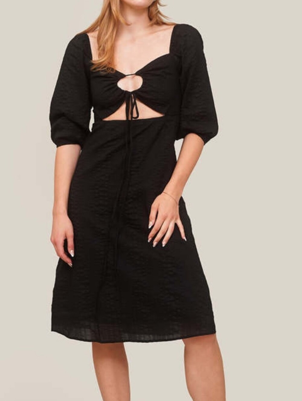 Wray Jules Midi Dress Tie Front Cutout Puff Sleeve Lightweight Textured Dress